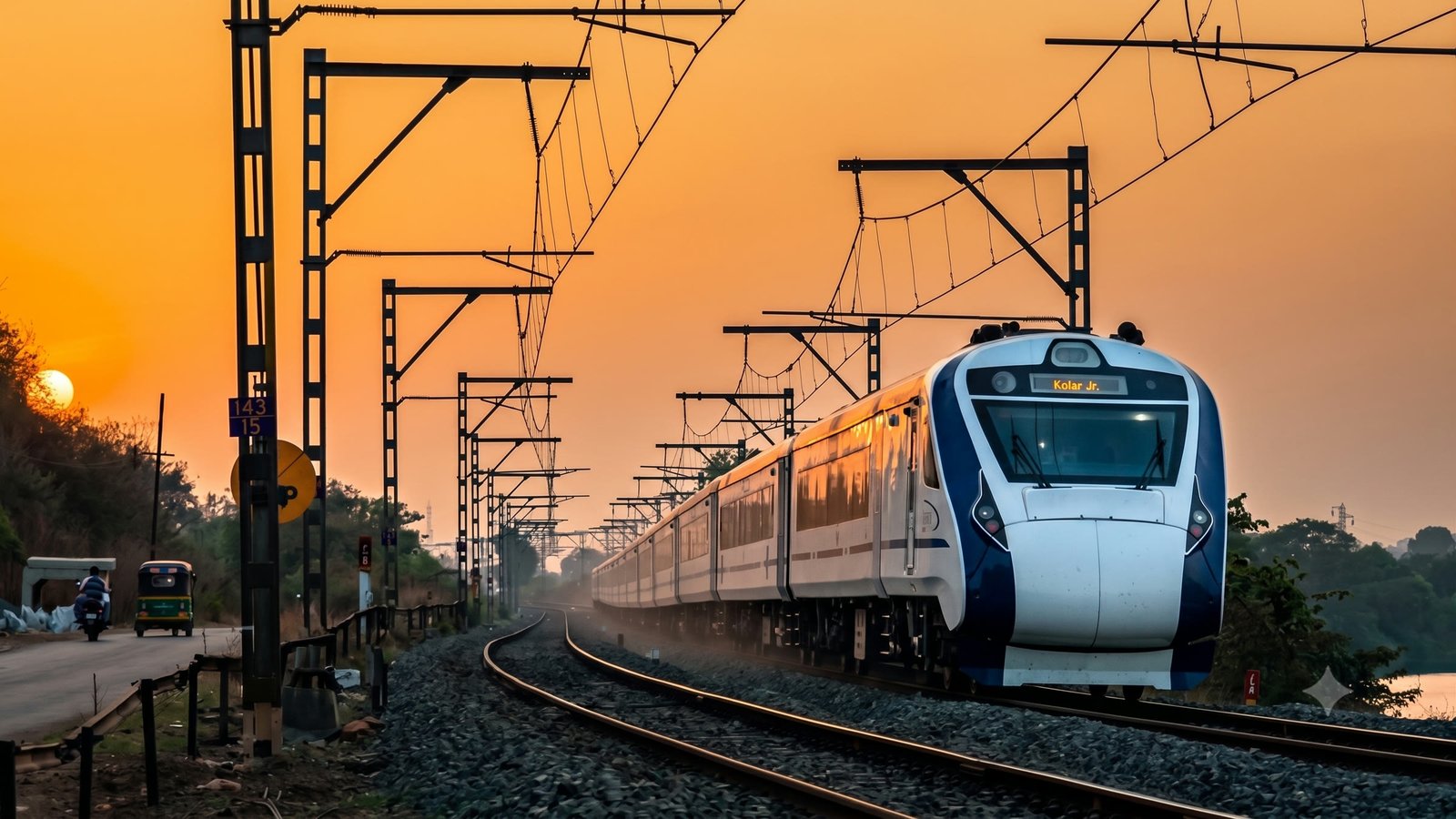 Railway electrification at sunset